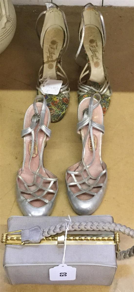 Pair of silver & floral brocade evening shoes, another silver pair & boxed shaped evening bag